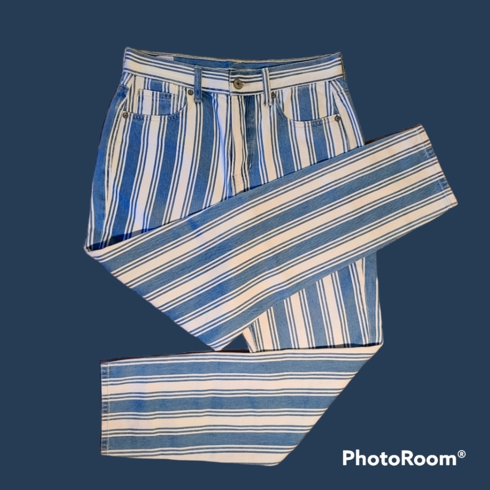 NWT American Eagle Mom Jeans White & Blue Stripe High Rise Straight Leg Regular